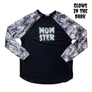 LuLaRoe Erin Unisex Raglan Sleeve Top Skull Glows in Dark Black Shirt Halloween